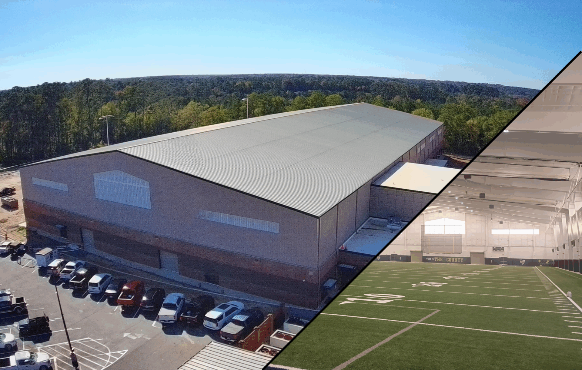 Two photos of the exterior and interior of a pre-engineered metal building that was used for an indoor football practice facility